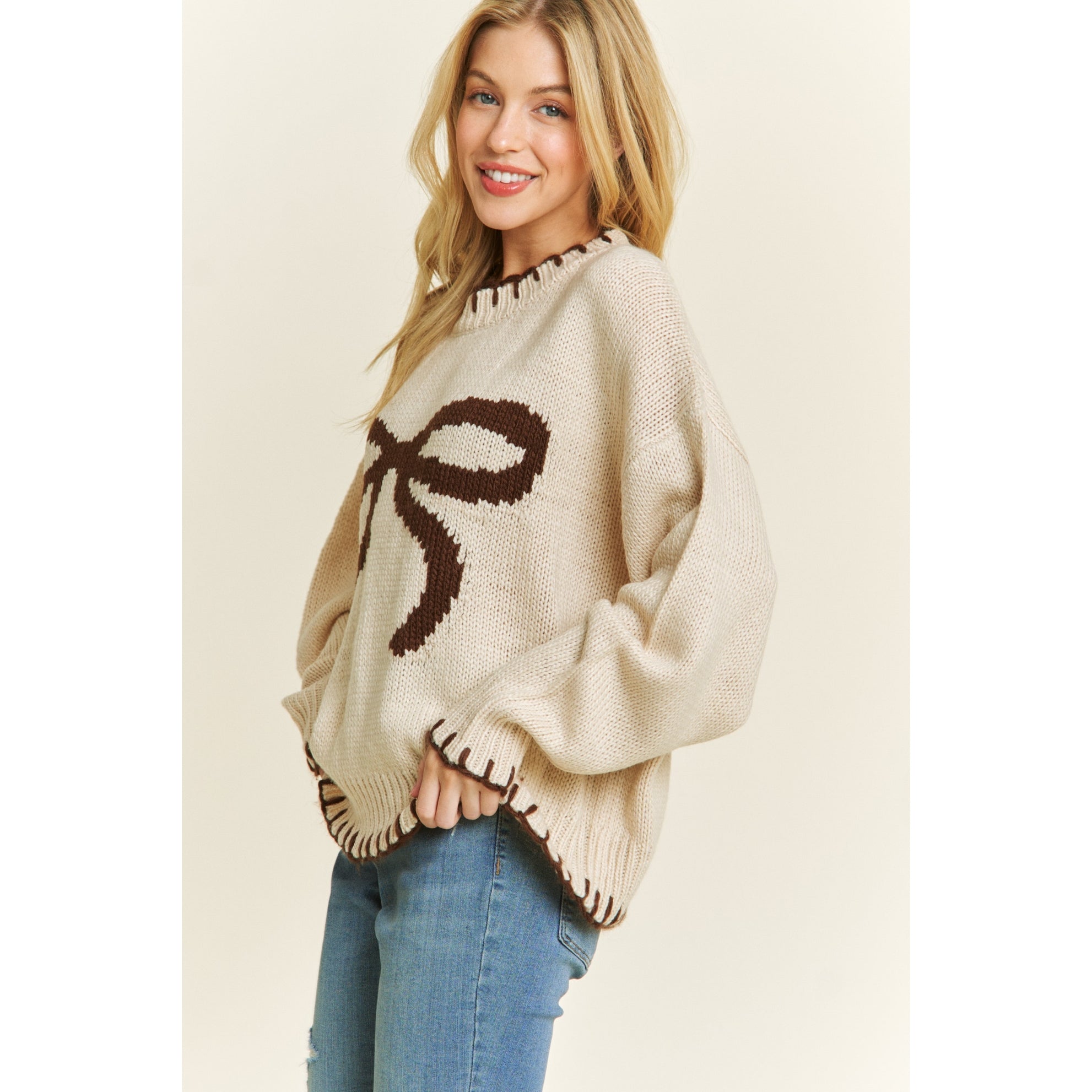Cozy Bow Knit Sweater - Beige