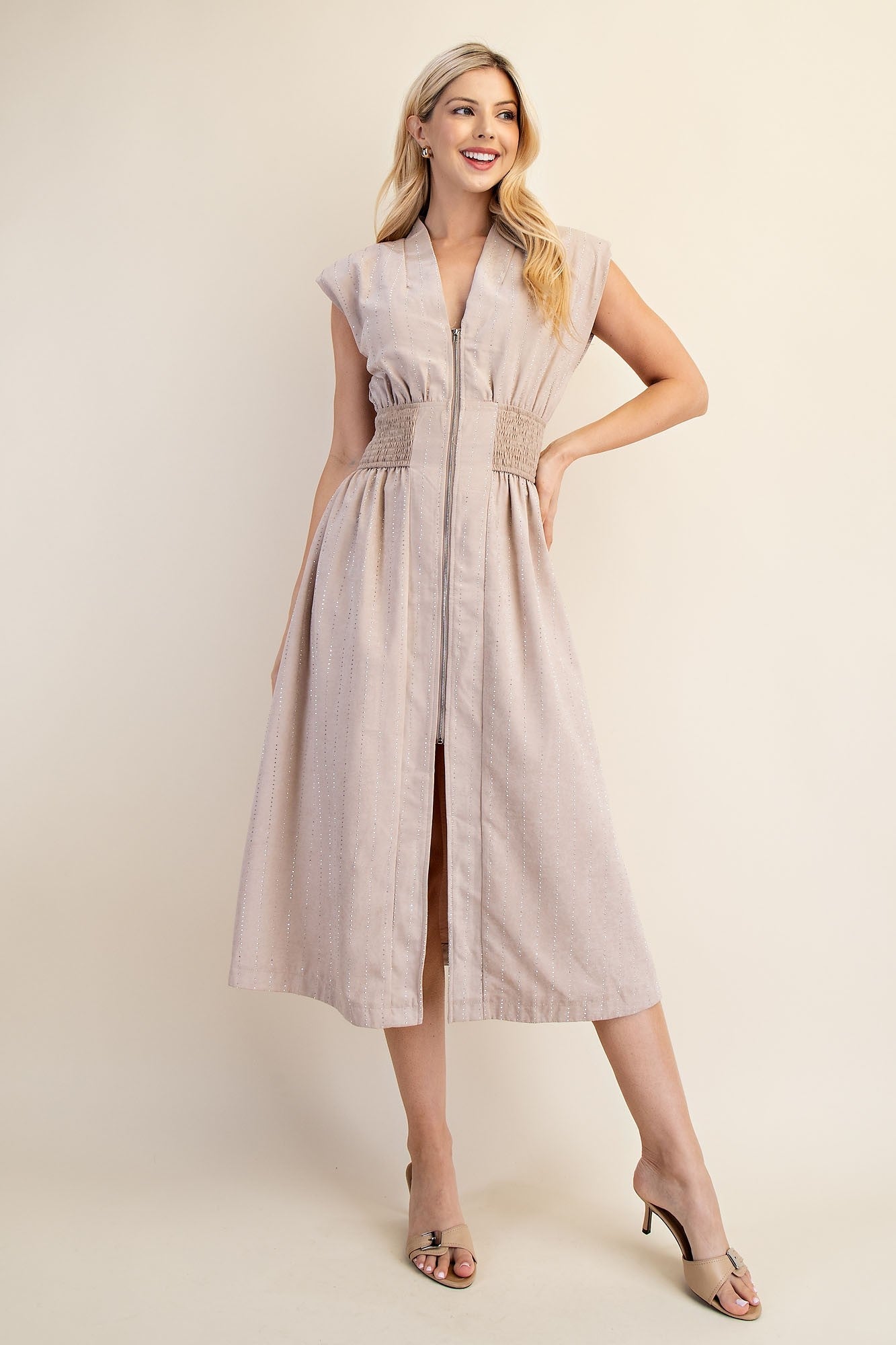 Starlight Zipper Midi Dress - Beige