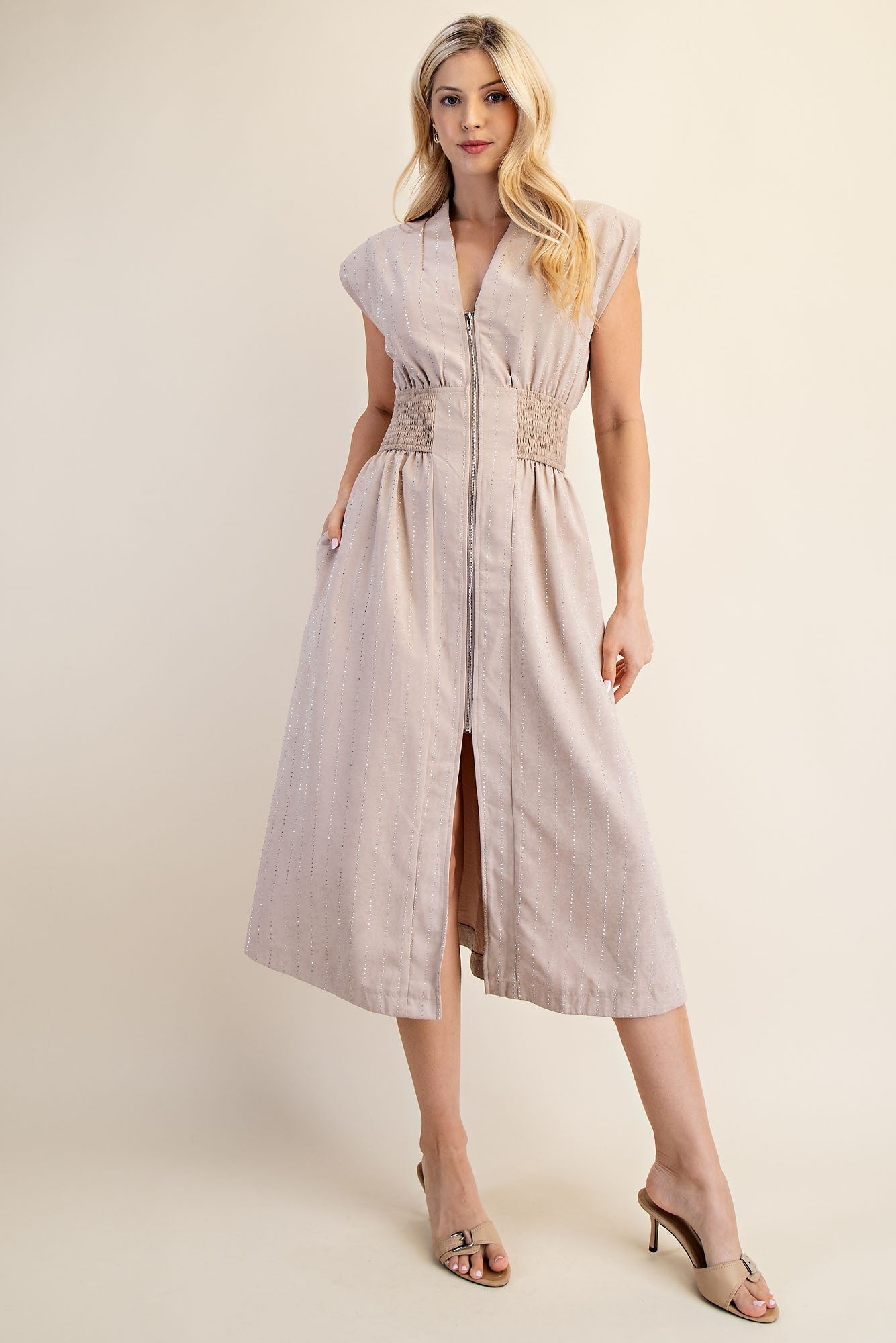Starlight Zipper Midi Dress - Beige