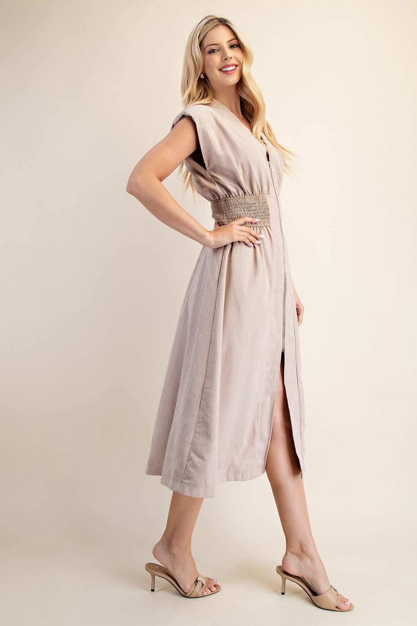 Starlight Zipper Midi Dress - Beige