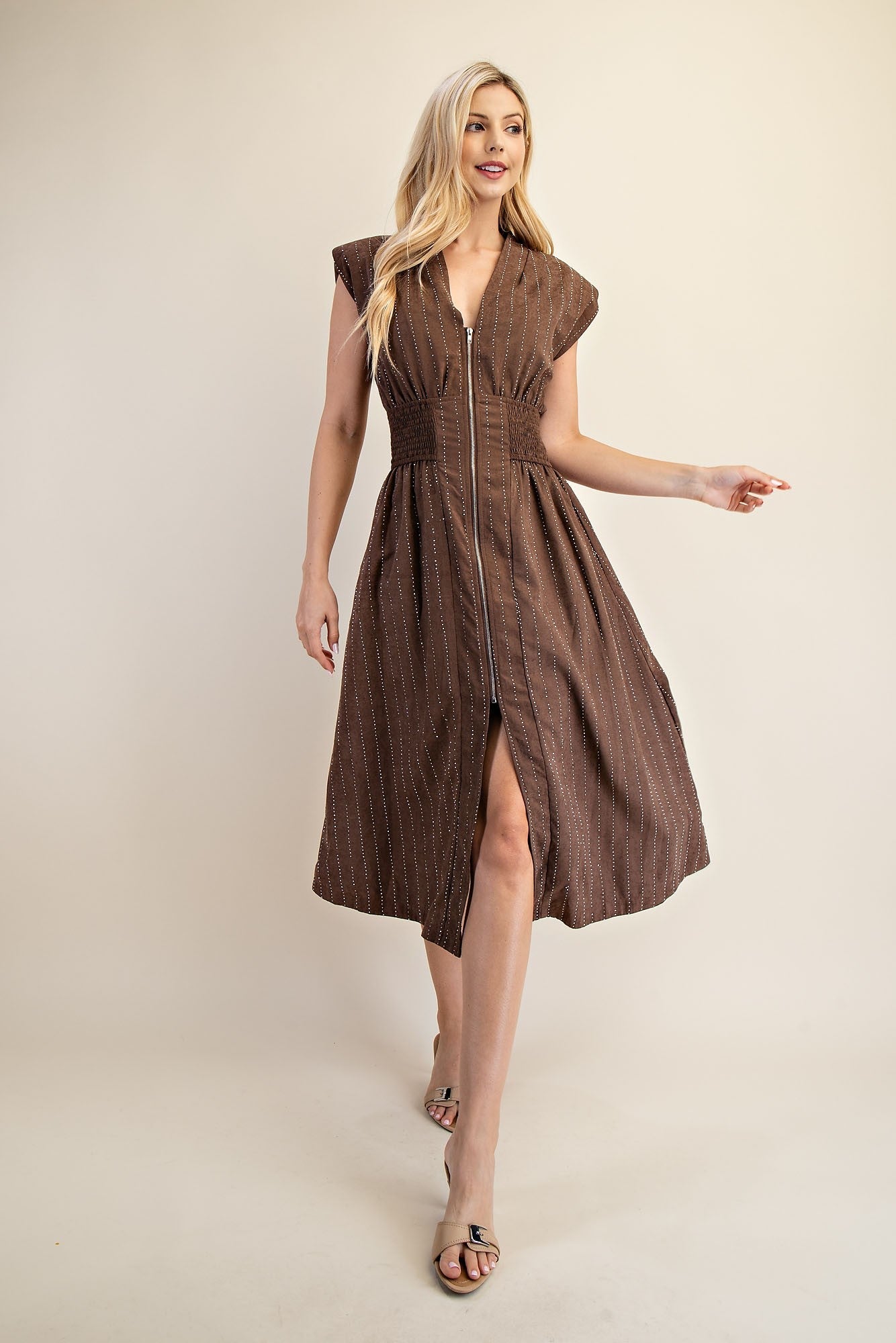 Starlight Zipper Midi Dress - Brown