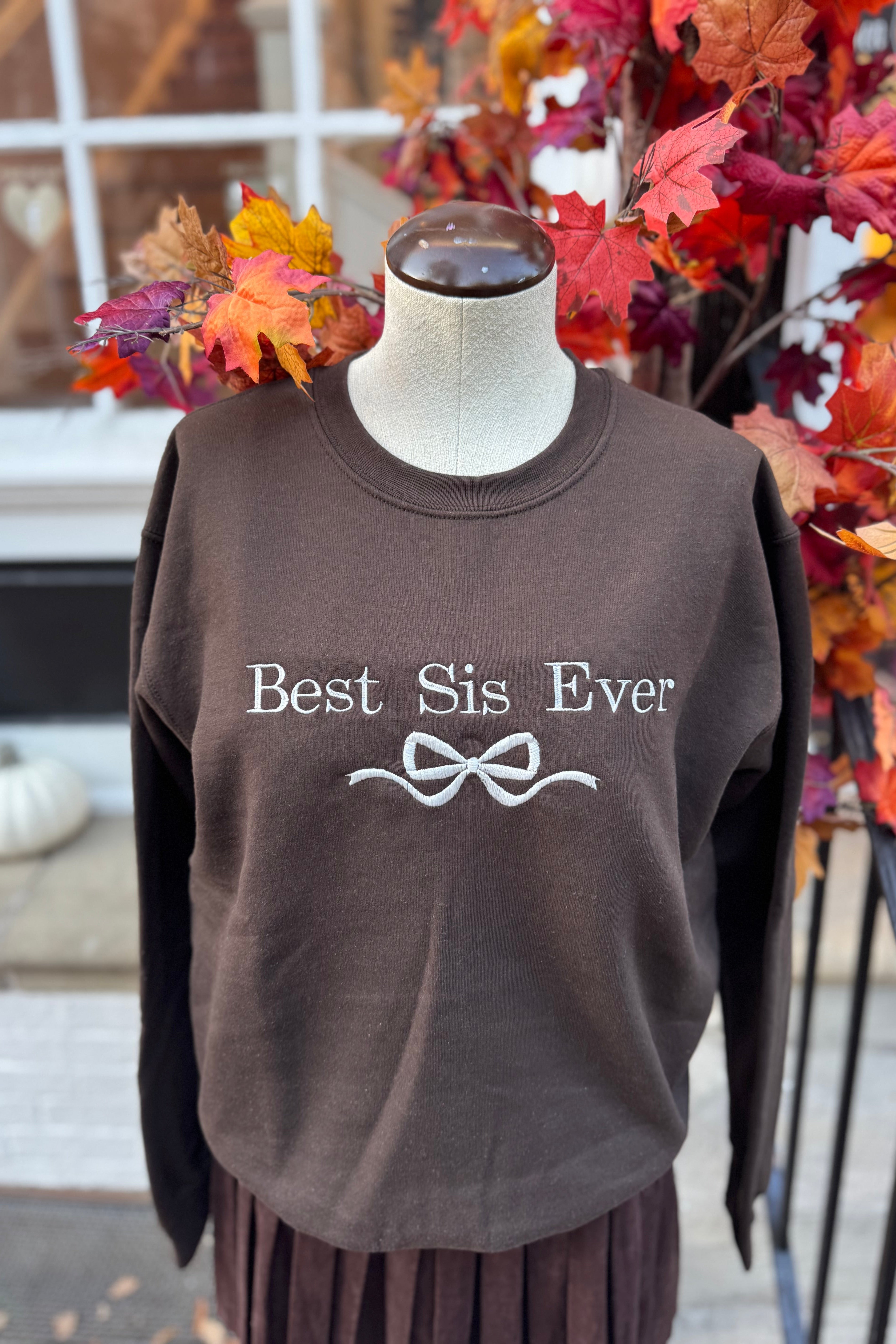 Best Sis Embroidered Bow Sweatshirt - Dark Chocolate