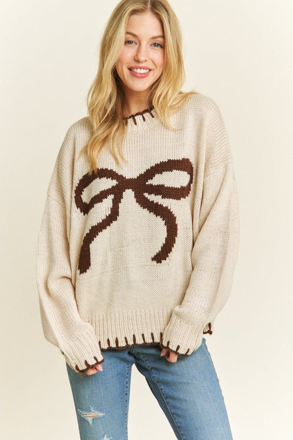 Cozy Bow Knit Sweater - Beige