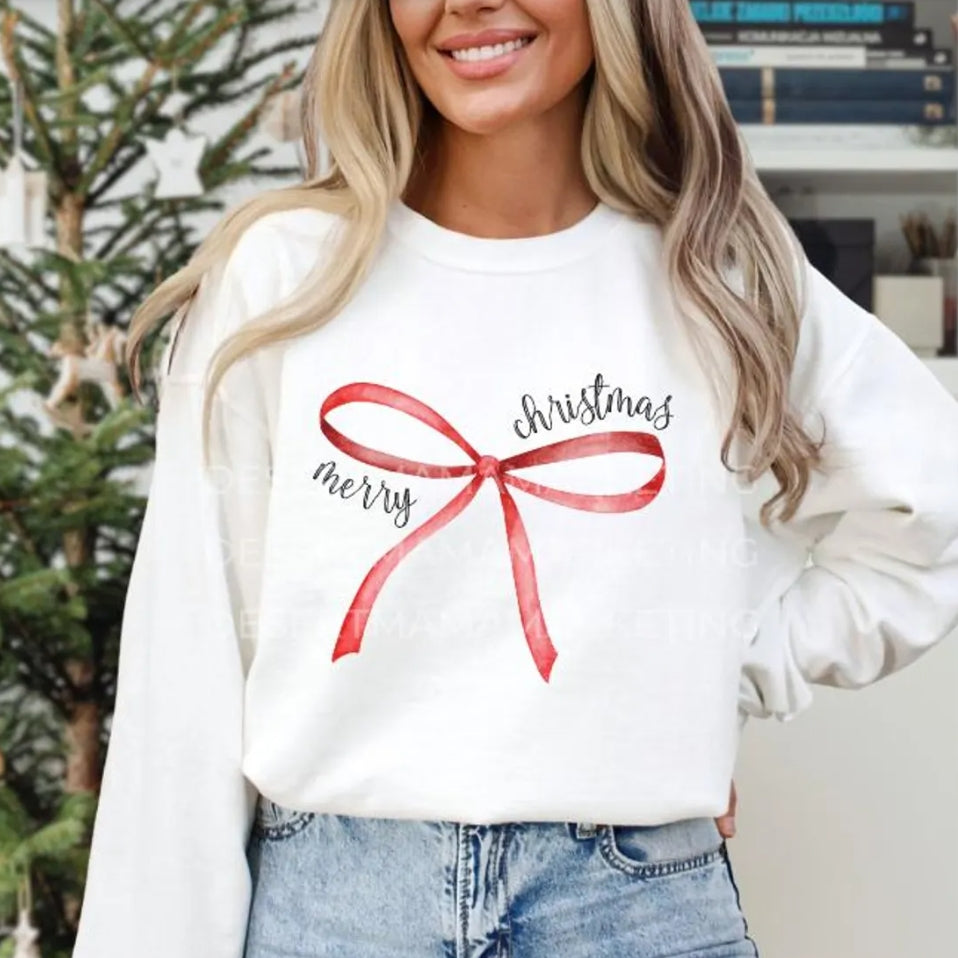 Merry Christmas Red Bow Sweatshirt - White
