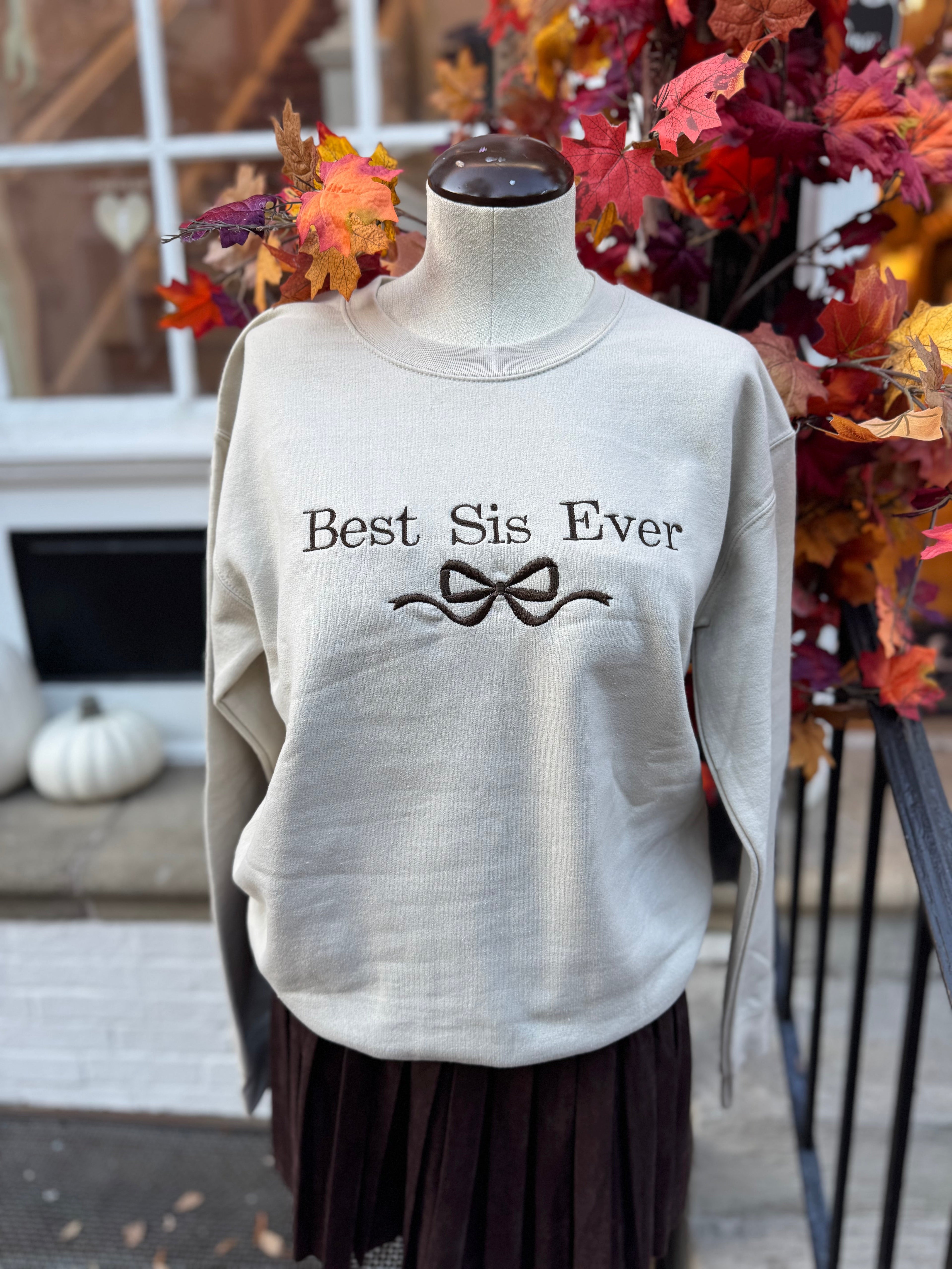 Best Sis Embroidered Bow Sweatshirt - Sand