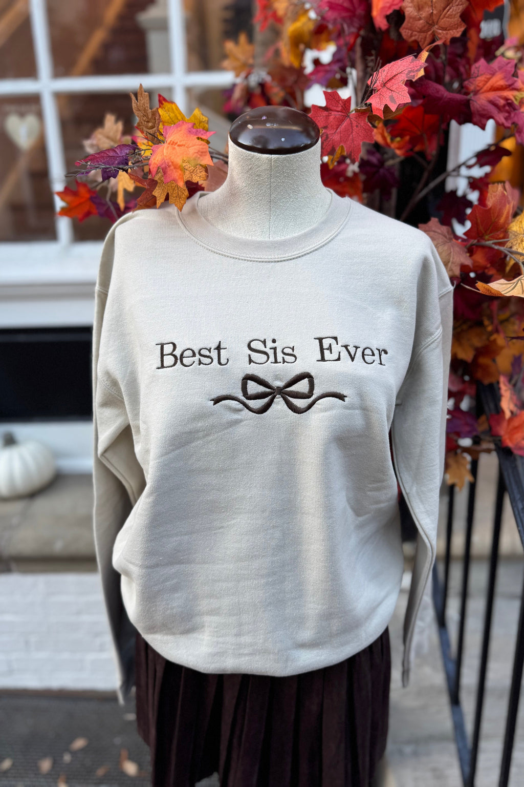 Best Sis Embroidered Bow Sweatshirt - Sand