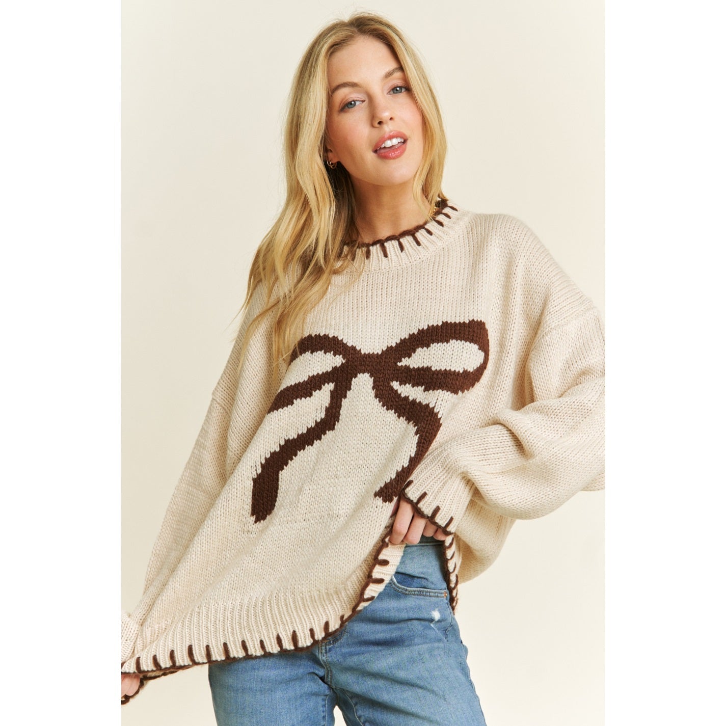 Cozy Bow Knit Sweater - Beige