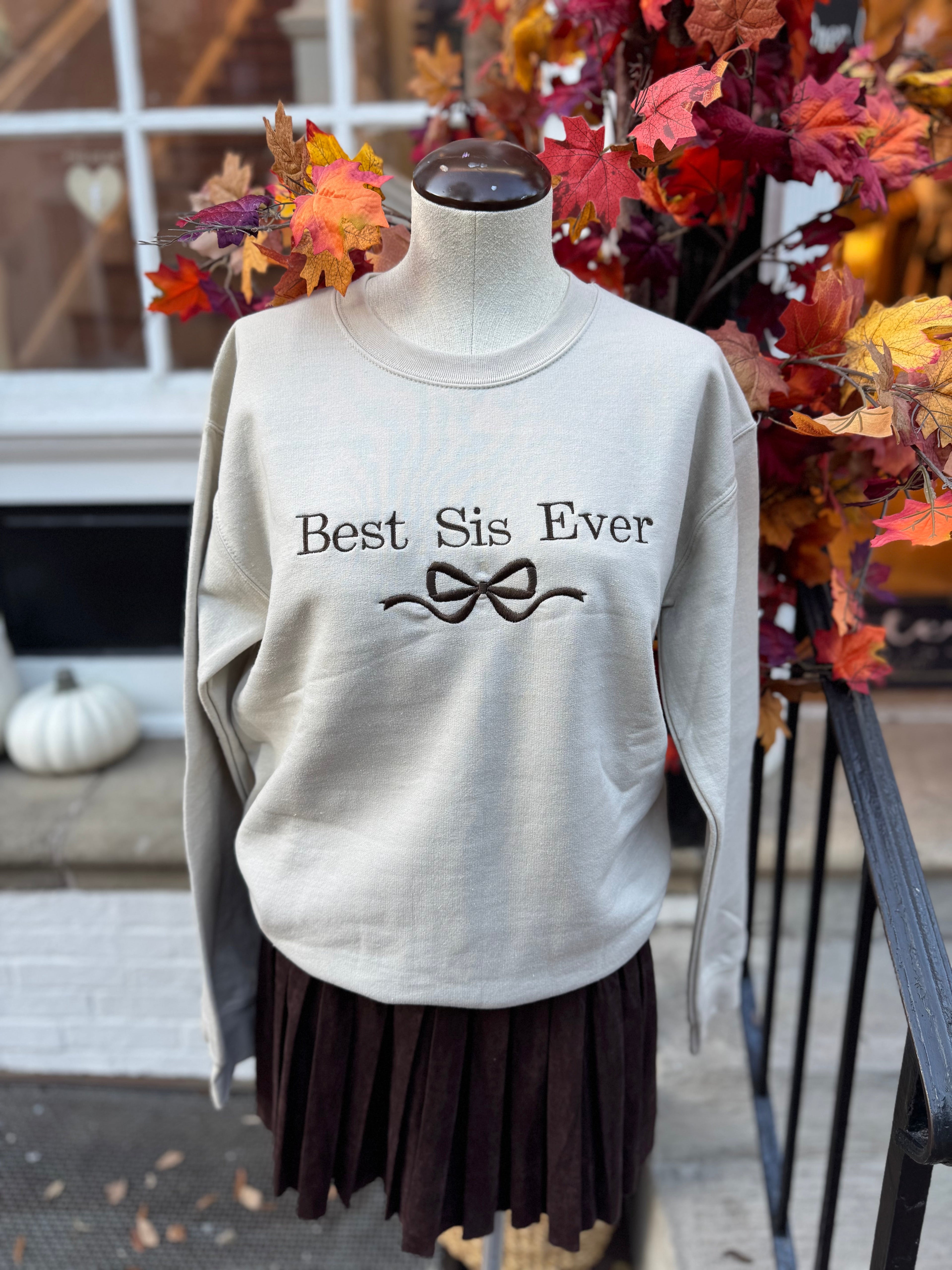 Best Sis Embroidered Bow Sweatshirt - Sand