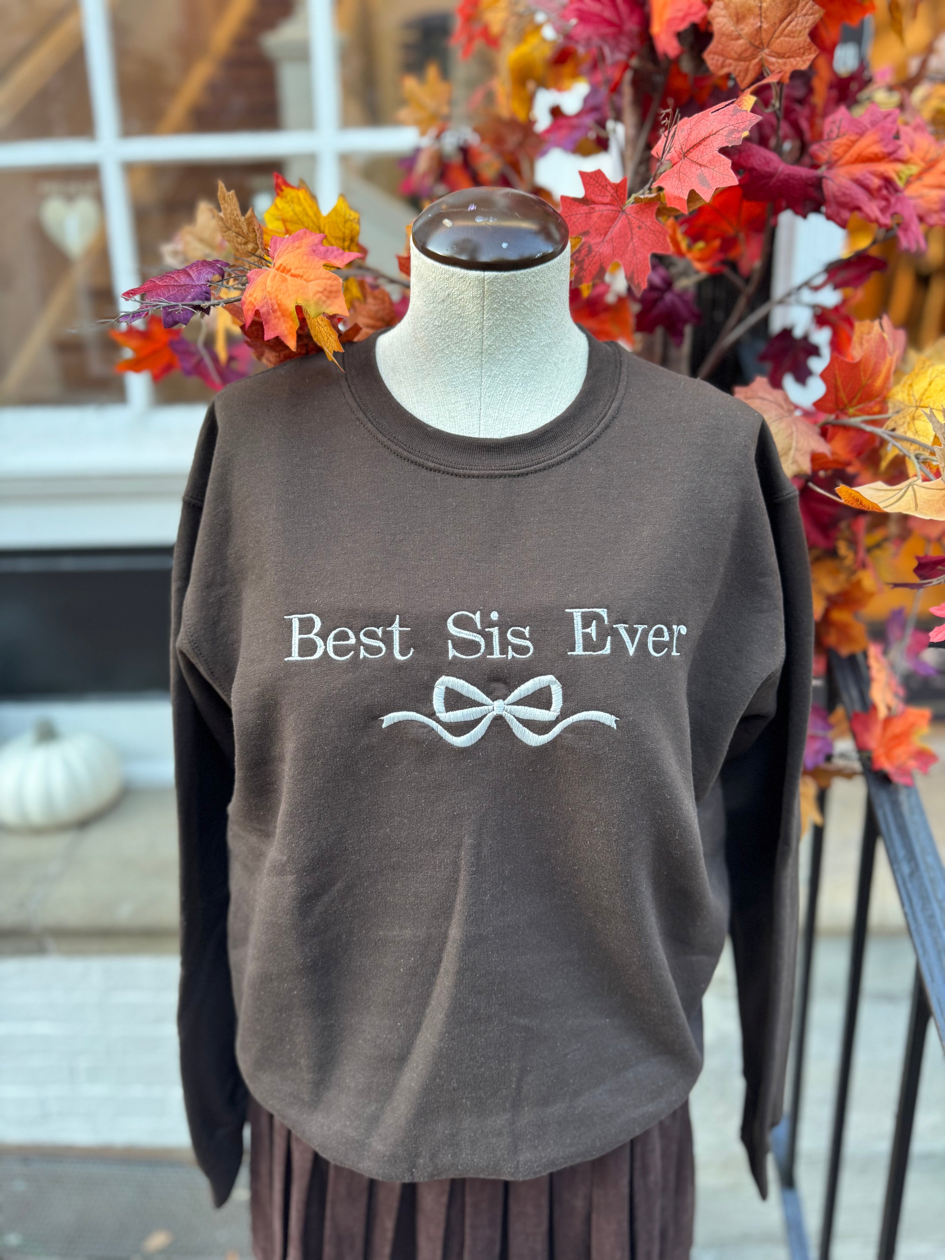 Best Sis Embroidered Bow Sweatshirt - Dark Chocolate