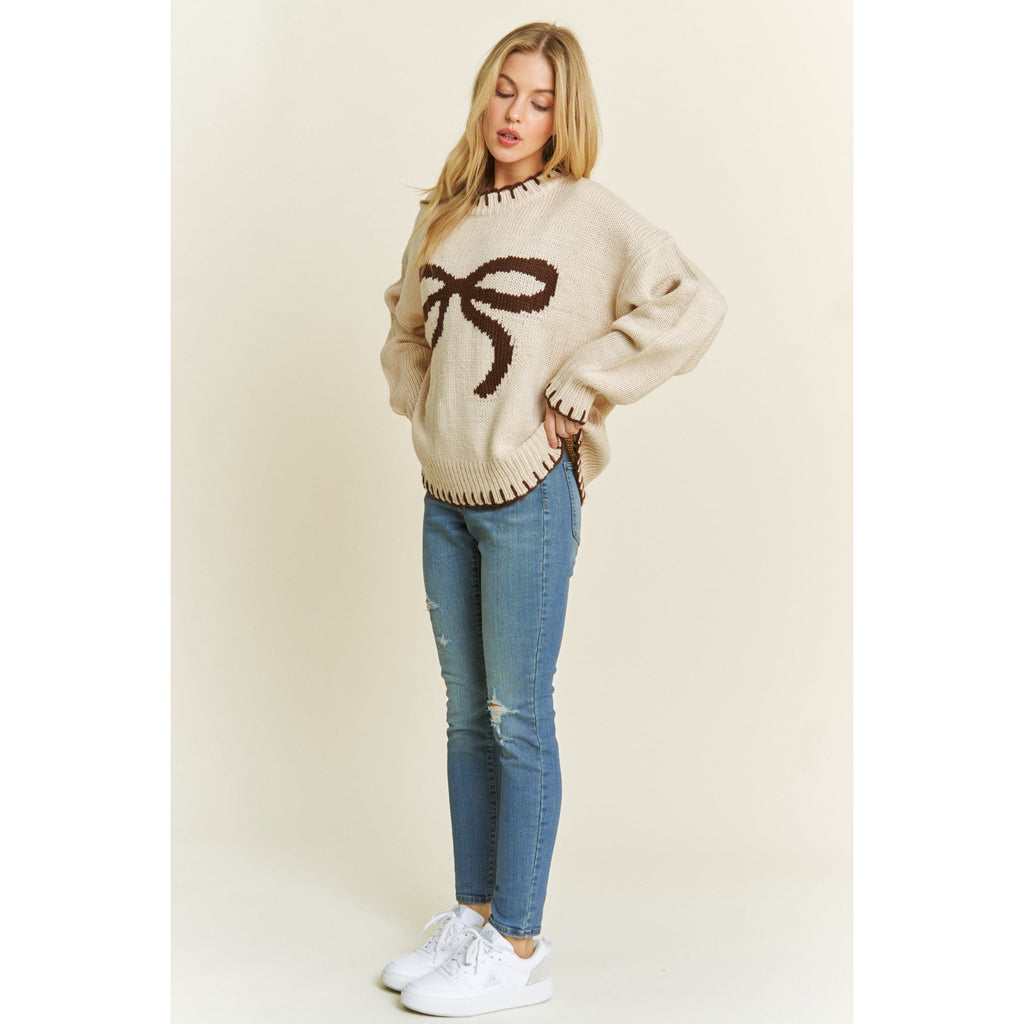Cozy Bow Knit Sweater - Beige
